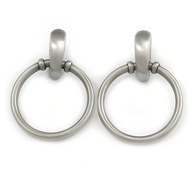 Statement Oversized Hoop Clip On Earrings In Brushed Pewter Tone Metal - 80mm L