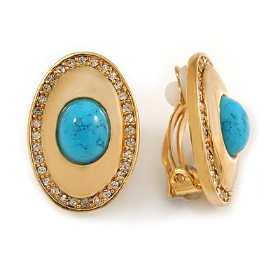 Polished Gold Tone Oval Clear Crystal Simulated Turquoise Stone Clip On Earrings - 25mm L - main view