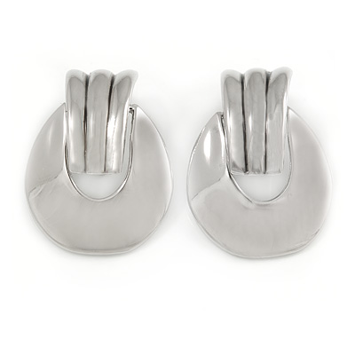 Polished Silver Tone Oval Clip On Earrings - 35mm L - main view