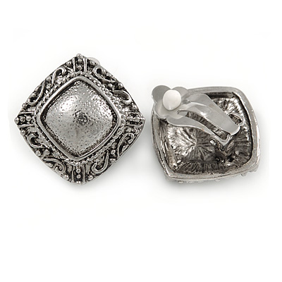 Vintage Inspired Square Shape with Hammered Detailing Clip On Earrings In Aged Silver Tone - 20mm - main view