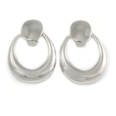 Polished Silver Tone Oval Hoop Clip On Earrings - 50mm Long - main view