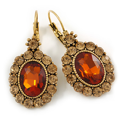 Vintage Inspired Oval Amber/ Citrine Crystal Drop Earrings with Leverback Closure In Antique Gold Tone - 40mm L - main view