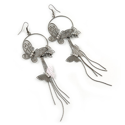 Long Delicate Filigree Butterfly Drop Earrings In Gun Metal Tone - 13cm L