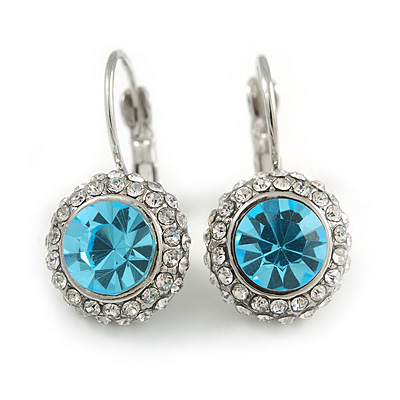 Round Cut Sky Blue Glass/ Clear Crystal Drop Earrings With Leverback Closure In Rhodium Plated Metal - 27mm L - main view