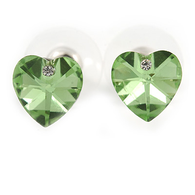 Small Green Glass Heart Stud Earrings In Silver Tone - 10mm Tall - main view