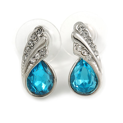 Small Azure Blue, Clear Crystal Teardrop Stud Earrings In Silver Tone Metal - 18mm Tall