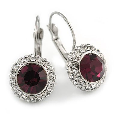 Round Cut Purple Glass/ Clear Crystal Drop Earrings With Leverback Closure In Rhodium Plated Metal - 27mm L - main view
