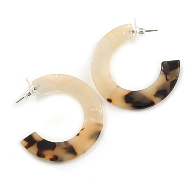 40mm Trendy Tortoise Shell Effect Beige Acrylic/ Plastic/ Resin Half Hoop, Geometric Earrings with Silver Tone Closure - main view