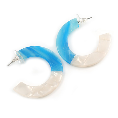 40mm Trendy Marble Off White/ Light Blue Acrylic/ Plastic/ Resin Half Hoop, Geometric Earrings with Silver Tone Closure - main view