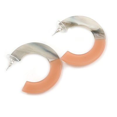 40mm Trendy Marble Grey/ Light Coral Acrylic/ Plastic/ Resin Half Hoop, Geometric  Earrings with Silver Tone Closure