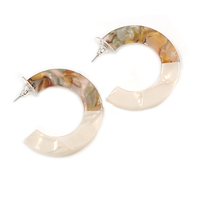 40mm Trendy Tortoise Shell Effect/ Off White Marble Acrylic/ Plastic/ Resin Half Hoop, Geometric Earrings with Silver Tone Closure - main view