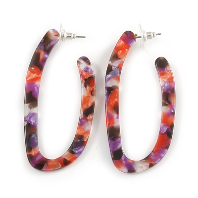 Trendy Marble Effect Purple/Pink/ Black Acrylic/ Plastic/ Resin Oval Hoop Earrings - 60mm L
