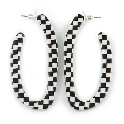 Black/ White, Monochrome Checkered Pattern Acrylic Oval Hoop Earrings - 60mm L - main view