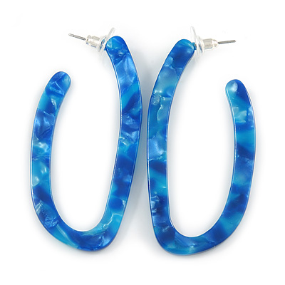 Trendy Marble Effect Blue Acrylic/ Plastic/ Resin Oval Hoop Earrings - 60mm L - main view