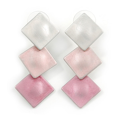 Trendy Pastel Pink Triple Square Drop Earrings In Silver Tone - 50mm L - main view