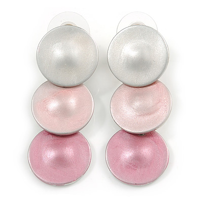 Trendy Pastel Pink Triple Disk Drop Earrings In Silver Tone - 45mm L - main view