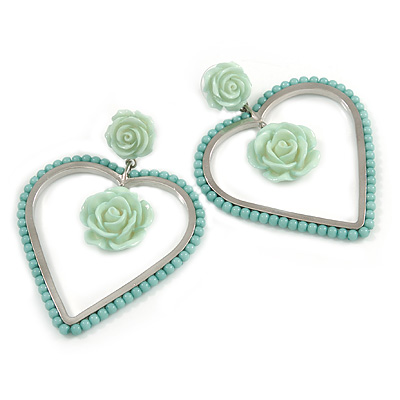 Statement Mint Green Acrylic Open Heart, Rose Drop Earrings In Silver Tone - 70mm L - main view