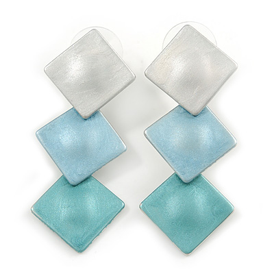 Trendy Pastel Blue Triple Square Drop Earrings In Silver Tone - 50mm L - main view