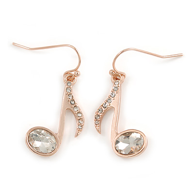 Rose Gold Tone Clear Crystal Musical Note Drop Earrings - 35mm L