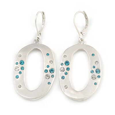 Light Silver Tone, Crystal Open Oval Drop Earrings with Leverback Closure - 50mm L