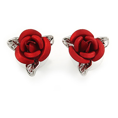 Small Romantic Red Rose Stud Earrings In Silver Tone - 13mm D