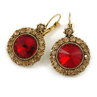 Vintage Inspired Round Cut Topaz/ Red Glass Stone Drop Earrings With Leverback Closure In Antique Gold Metal - 40mm L - main view