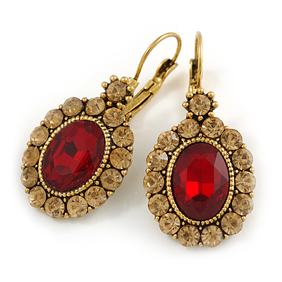Vintage Inspired Oval Red/ Light Topaz Crystal Drop Earrings with Leverback Closure In Antique Gold Tone - 40mm L - main view