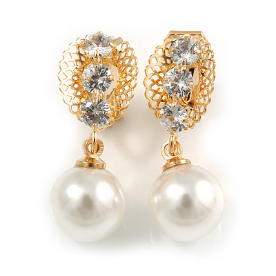 Delicate Crystal Faux Pearl Drop Clip On Earrings In Gold Tone - 30mm Long - main view