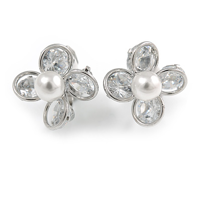 Delicate CZ, Faux Pearl Flower Clip On Earrings In Silver Tone -17mm D - main view