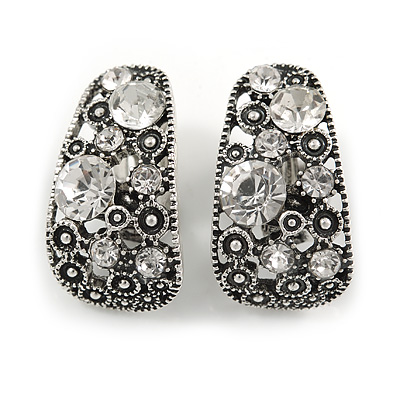Marcasite C Shape Crystal Clip On Earrings In Aged Silver Tone - 27mm Tall - main view