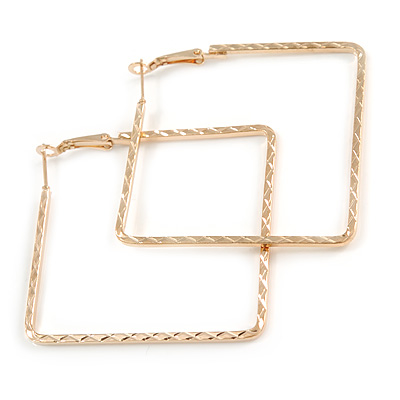 50mm Square Etched Hoop Earrings In Gold Tone - main view