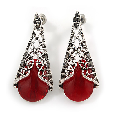 Marcasite Hematite Crystal, Red Glass, Filigree Teardrop Earrings In Aged Silver Tone - 40mm L - main view