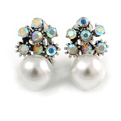 Vintage Inspired AB Crystal Faux Pearl Clip On Earrings In Aged Silver Tone - 25mm Tall - main view