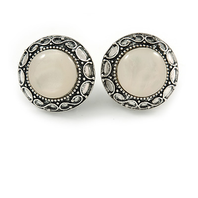 Vintage Inspired Round Milky White Acrylic Stone Clip On Earrings In Aged Silver Tone - 22mm D