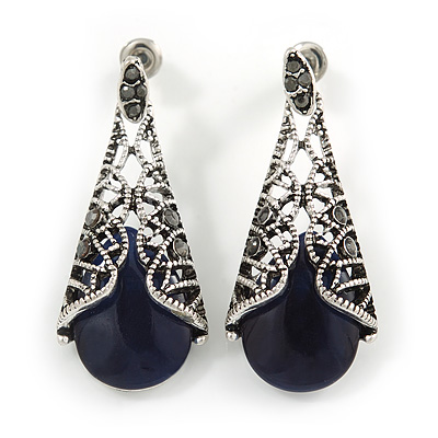 Marcasite Hematite Crystal, Midnight Glass, Filigree Teardrop Earrings In Aged Silver Tone - 40mm L - main view