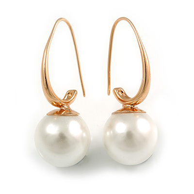 Modern Faux Pearl Ball Bead Drop Earrings In Gold Tone - 35mm Long - main view