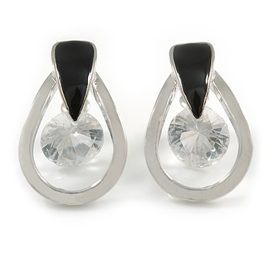 Teardrop with Clear Crystal with Black Enamel Detailing Stud Earrings In Silver Tone - 30mm L - main view