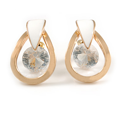 Teardrop with Clear Crystal with Black Enamel Detailing Stud Earrings In Gold Tone - 30mm L - main view
