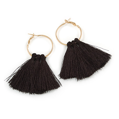Trendy Black Cotton Tassel Gold Tone Hoop Earrings - 65mm Long - main view