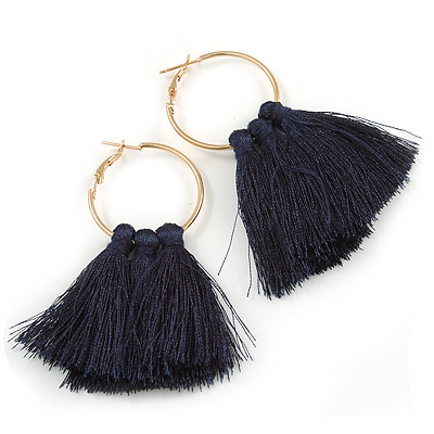 Trendy Dark Blue Cotton Tassel Gold Tone Hoop Earrings - 65mm Long - main view