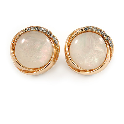 Round Milky White Glass Stone with Crystal Accent Clip On Earrings In Gold Plated Metal - 20mm D - main view