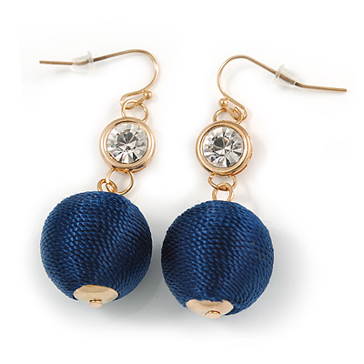Dark Blue Silk Cord Ball with Clear Crystal Drop Earrings In Gold Tone - 50mm L