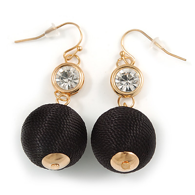 Black Silk Cord Ball with Clear Crystal Drop Earrings In Gold Tone - 50mm L