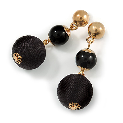 Black Double Ball Drop Earrings In Gold Tone - 55mm L - main view