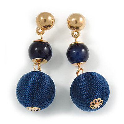Midnight Blue Double Ball Drop Earrings In Gold Tone - 55mm L