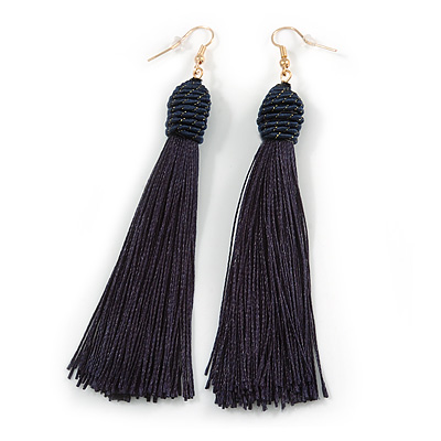 Long Dark Blue Cotton Tassel Drop Earrings with Gold Tone Hook - 11.5cm L - main view