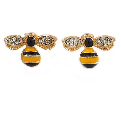 Small Yellow/ Black Enamel Clear Crystal Bee Stud Earrings In Gold Tone Metal - 18mm Across - main view