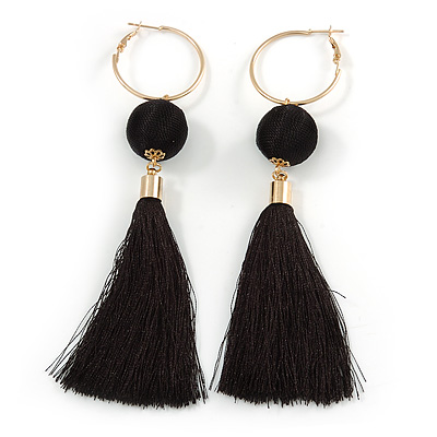 Long Black Cotton Ball and Tassel Hoop Earrings In Gold Tone Metal - 12.5cm L - main view