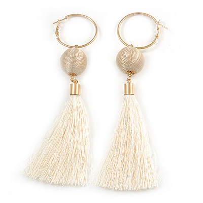 Long Off White Cotton Ball and Tassel Hoop Earrings In Gold Tone Metal - 12.5cm L