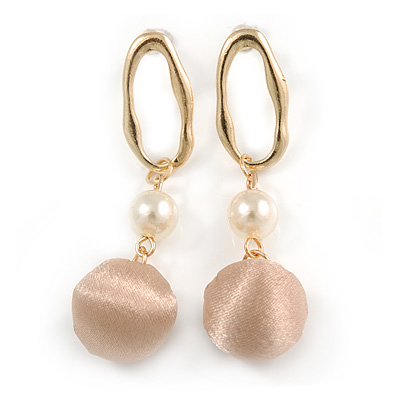 Trendy Pastel Beige Silk Fabric Ball with Gold Tone Oval Drop Earrings - 60mm L - main view